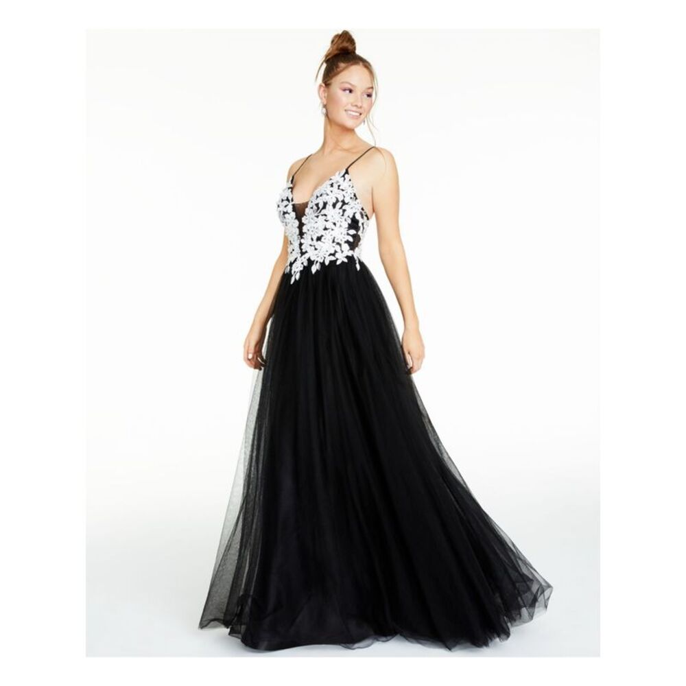 BLONDIE NITES Womens Black Mesh Floral-applique Gown Spaghetti Strap Dress 3 - Picture 3 of 5